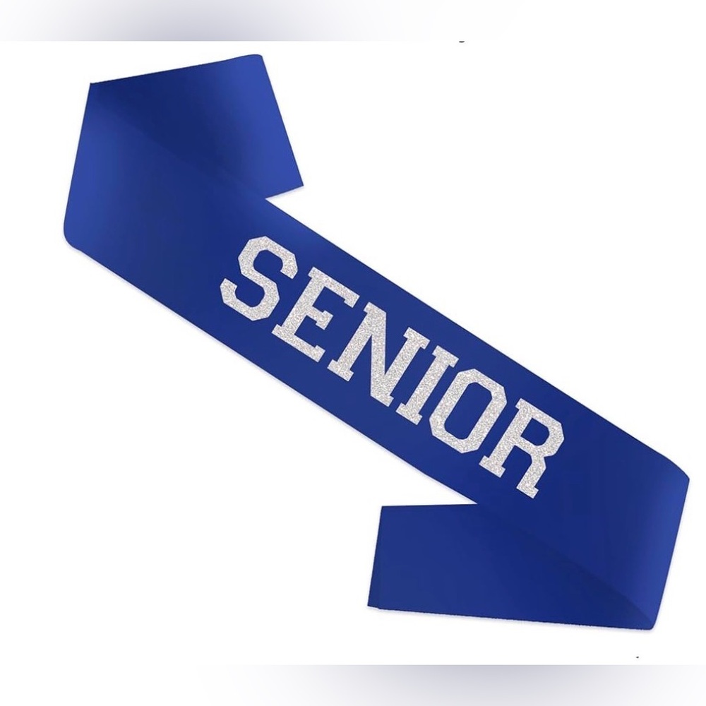 Navy Blue Satin Sash with Silver Glitter Letters Senior Graduation Celebration